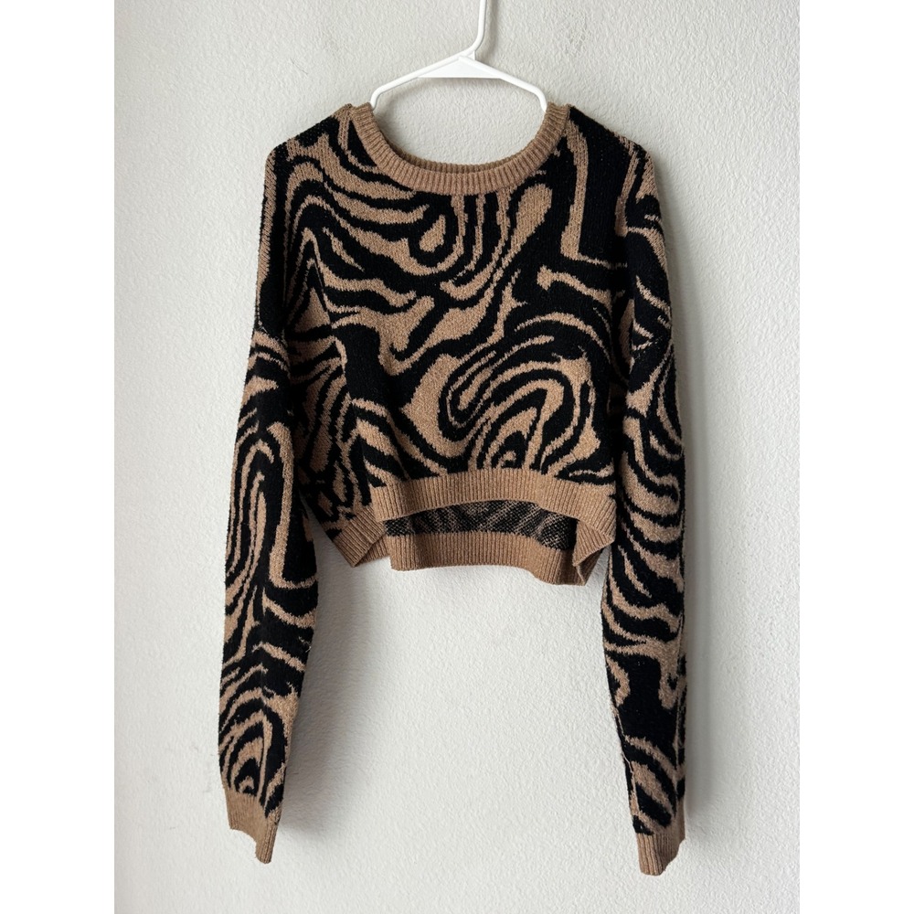 BP Nordstrom Tan Black Abstract Swirl Cropped Knit Sweater Small Long Sleeve